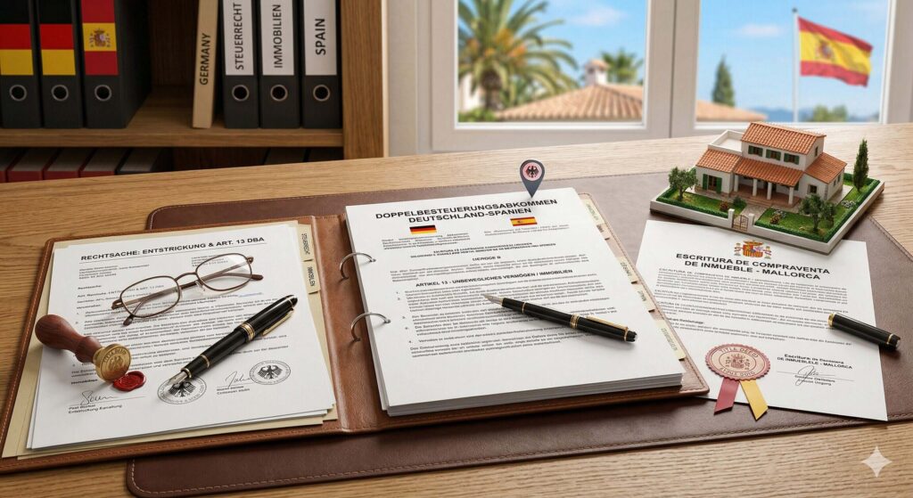 Doppelbesteuerungsabkommen und Entstrickung: Vertragsdokumente, Spanien-Bezug und Immobilien-Symbolik als Hinweis auf Art. 13 DBA