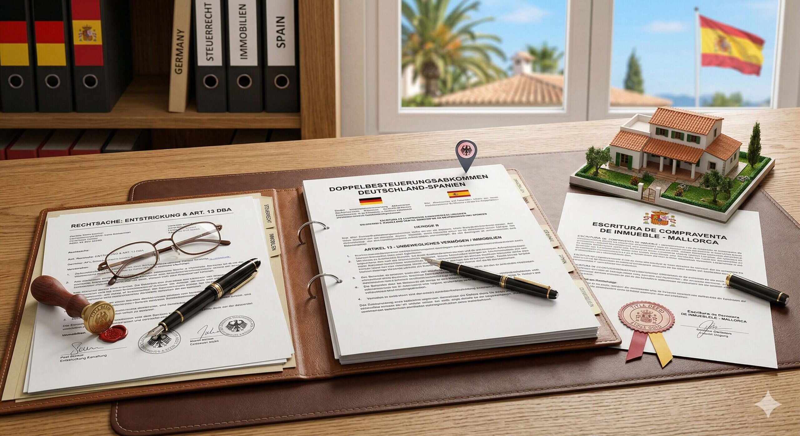 Doppelbesteuerungsabkommen und Entstrickung: Vertragsdokumente, Spanien-Bezug und Immobilien-Symbolik als Hinweis auf Art. 13 DBA