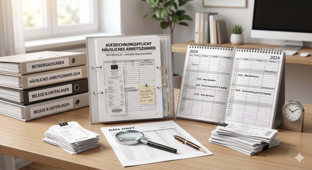 Schreibtisch mit geordneten Belegen, Ordnern und Kalender
